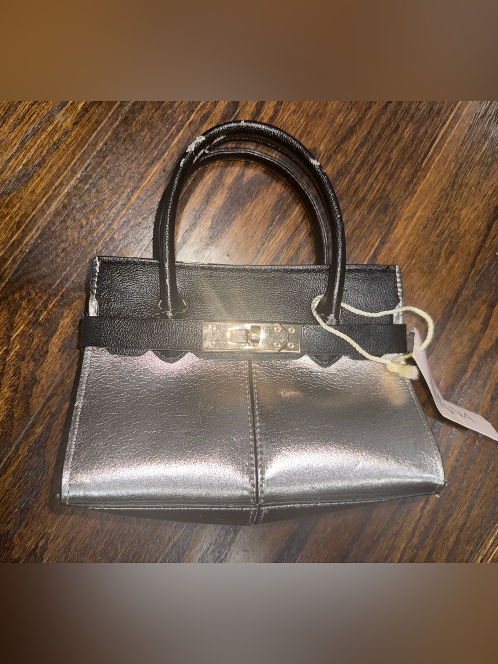 Amiana Metallic Silver and Black Satchel with Gold Hardware- Flawed